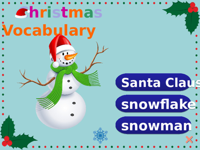  C h r i s t m a s Vocabulary Santa Claus snowflake snowman  