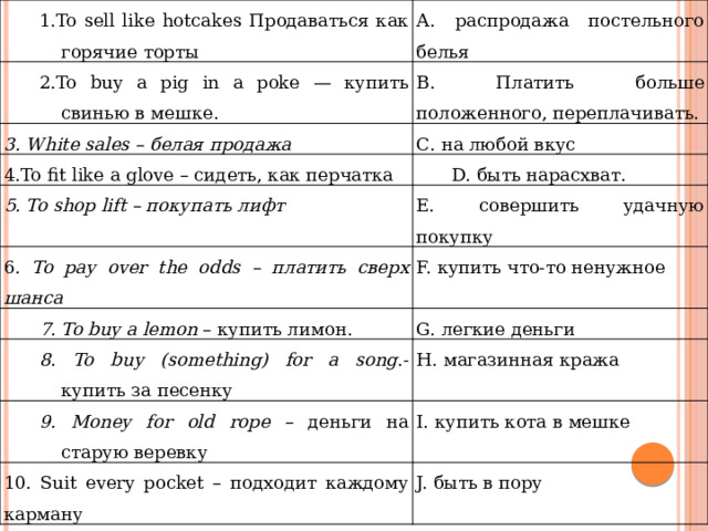 1.To sell like hotcakes Продаваться как горячие торты А. распродажа постельного белья 2.To buy a pig in a poke — купить свинью в мешке. В. Платить больше положенного, переплачивать. 3. Whitе sales – белая продажа С. на любой вкус 4.To fit like a glove – сидеть, как перчатка D. быть нарасхват. 5. To shop lift – покупать лифт 6. To pay over the odds – платить сверх шанса E. совершить удачную покупку F. купить что-то ненужное To buy a lemon – купить лимон. To buy a lemon – купить лимон. G. легкие деньги 8. To buy (something) for a song .- купить за песенку 9. Money for old rope – деньги на старую веревку H. магазинная кража 10. Suit every pocket – подходит каждому карману I. купить кота в мешке J. быть в пору 