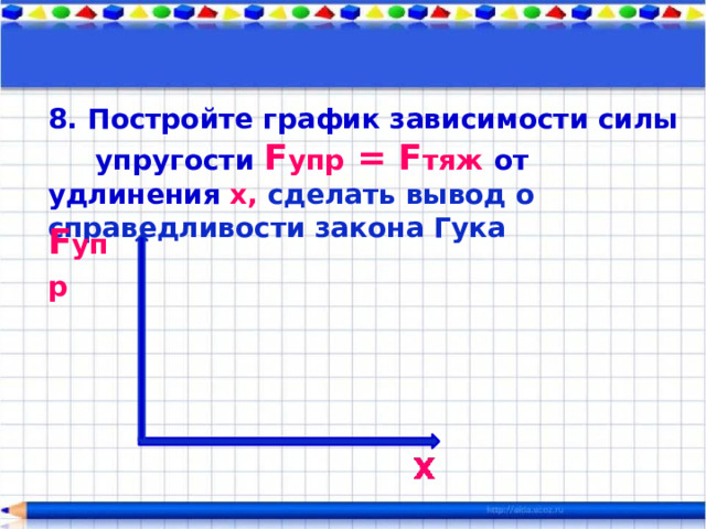 Таблица измерений и вычислений m x кг 1 F тяж = F упр  м 2 k Н 3 k ср Н/м Н/м 