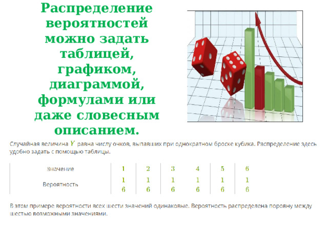 Распределение вероятностей можно задать таблицей, графиком, диаграммой, формулами или даже словесным описанием. 