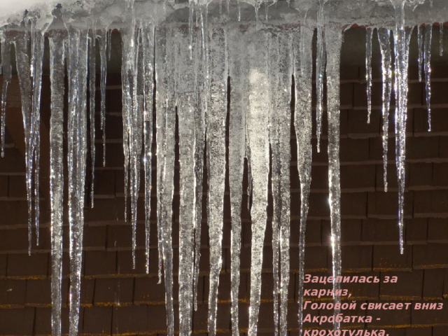 Зацепилась за карниз, Головой свисает вниз Акробатка - крохотулька, Зимний леденец... (сосулька ) 