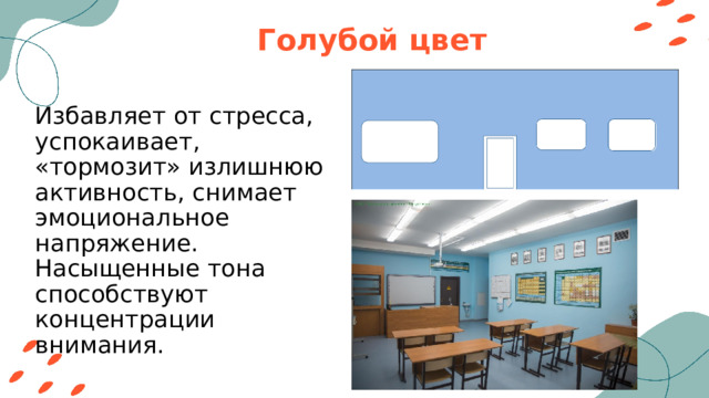 Голубой цвет Избавляет от стресса, успокаивает, «тормозит» излишнюю активность, снимает эмоциональное напряжение. Насыщенные тона способствуют концентрации внимания. 