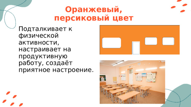 Оранжевый, персиковый цвет Подталкивает к физической активности, настраивает на продуктивную работу, создаёт приятное настроение. 