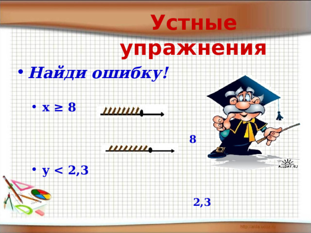 Устные упражнения Найди ошибку! x ≥ 8  8  y    2,3 