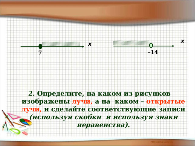 x x – 14 7 2. Определите, на каком из рисунков изображены лучи, а на каком – открытые лучи, и сделайте соответствующие записи (используя скобки и используя знаки неравенства). 