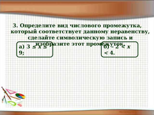 3. Определите вид числового промежутка, который соответствует данному неравенству, сделайте символическую запись и изобразите этот промежуток. а) 3  ≤ x ≤  9; б) –  2  4. 