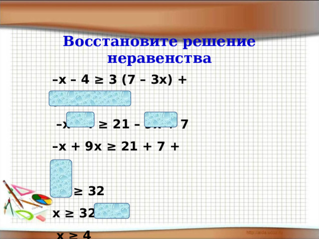 Восстановите решение неравенства – х – 4 ≥ 3 (7 – 3х) + 7  – х – 4 ≥ 21 – 9х + 7 – х + 9х ≥ 21 + 7 + 4 8х ≥ 32 х ≥ 32 : 8  х ≥ 4 Ответ: [4; +∞) 