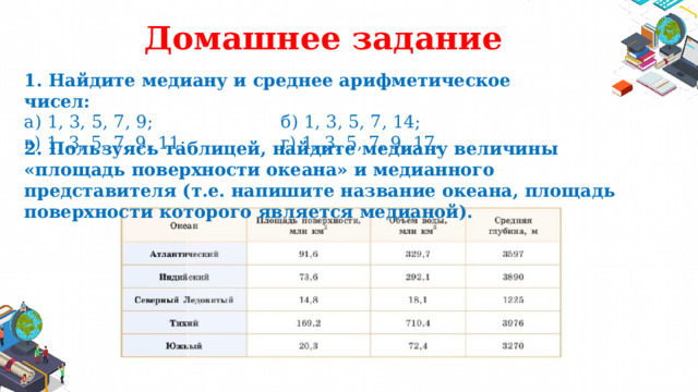 Найдите медиану величины площадь поверхности океана