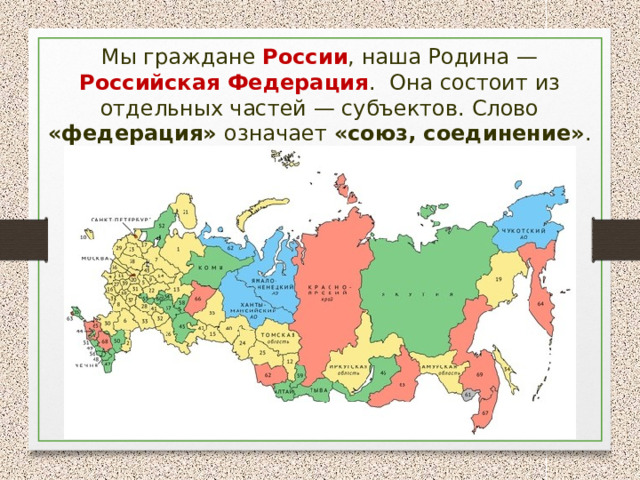 Мы граждане России , наша Родина — Российская Федерация . Она состоит из отдельных частей — субъектов. Слово «федерация» означает «союз, соединение» . 
