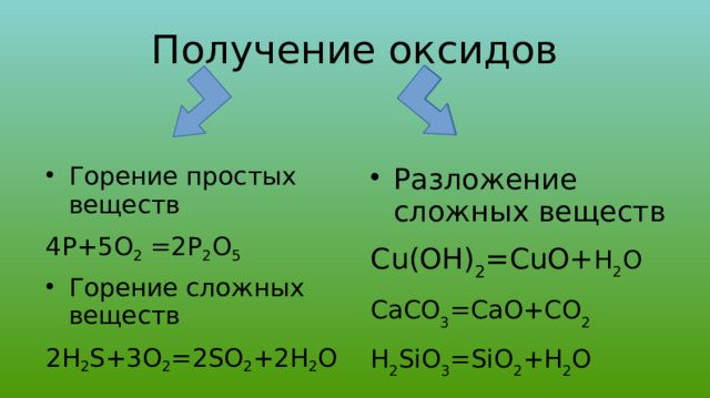 Получение оксидов Горение простых веществ 4P+5O 2 =2P 2 O 5 Горение сложных веществ 2H 2 S+3 O 2 =2SO 2 +2H 2 O Разложение сложных веществ Cu(OH) 2 =CuO+ H 2 O CaCO 3 =CaO+CO 2 H 2 SiO 3 =SiO 2 + H 2 O 