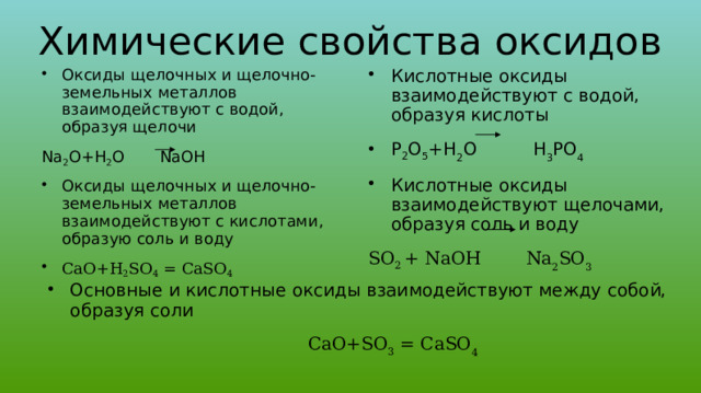 Химические свойства оксидов Оксиды щелочных и щелочно-земельных металлов взаимодействуют с водой, образуя щелочи Na 2 O+ H 2 O NaOH Оксиды щелочных и щелочно-земельных металлов взаимодействуют с кислотами, образую соль и воду СаО+H 2 SO 4 = CaSO 4 Кислотные оксиды взаимодействуют с водой, образуя кислоты Р 2 O 5 +H 2 O H 3 PO 4 Кислотные оксиды взаимодействуют щелочами, образуя соль и воду SO 2 + NaOH Na 2 SO 3  Основные и кислотные оксиды взаимодействуют между собой, образуя соли  СаО+ SO 3 = CaSO 4  