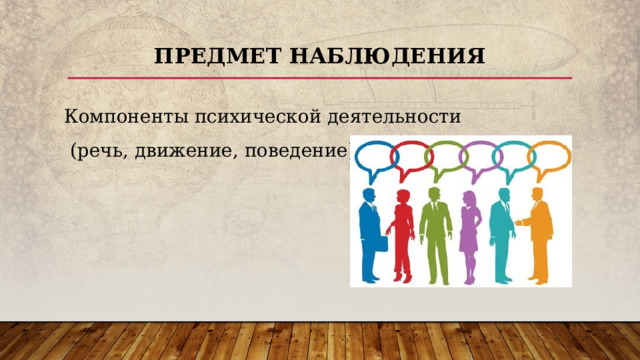 Предмет наблюдения Компоненты психической деятельности  (речь, движение, поведение) 