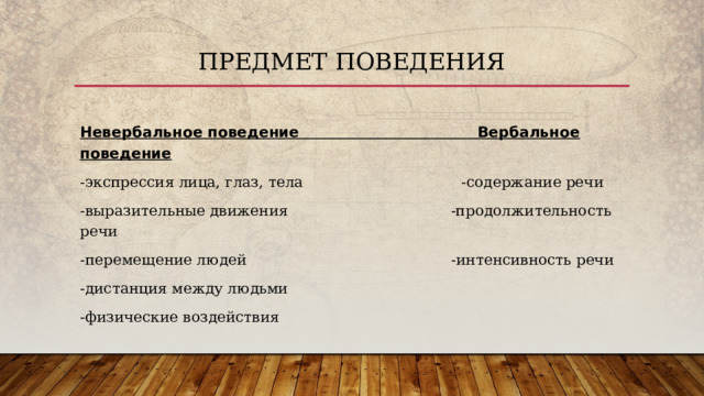 Предмет поведения Невербальное поведение Вербальное поведение -экспрессия лица, глаз, тела -содержание речи -выразительные движения -продолжительность речи -перемещение людей -интенсивность речи -дистанция между людьми -физические воздействия 