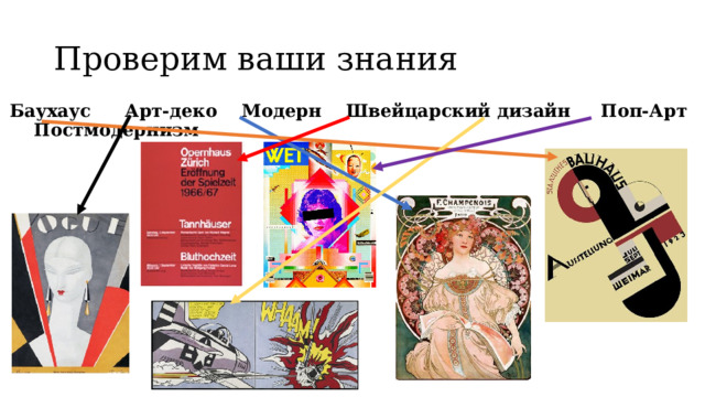 Проверим ваши знания Баухаус  Арт-деко Модерн Швейцарский дизайн Поп-Арт Постмодернизм 