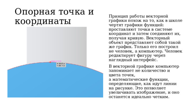 Опорная точка и координаты Принцип работы векторной графики похож на то, как в школе чертят графики функций: проставляют точки в системе координат и затем соединяют их, получая кривую. Векторный объект представляет собой такой же график. Только его построил не человек, а компьютер. Человек редактирует фигуру через наглядный интерфейс.  В векторной графике компьютер запоминает не количество и цвета точек,  а математические функции, определяющие, как идут линии на рисунке. Это позволяет увеличивать изображение, и оно останется идеально четким.  