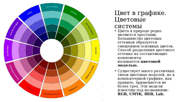 Цвет в графике. Цветовые системы Цвета в природе редко являются простыми. Большинство цветовых оттенков образуется смешением основных цветов. Способ разделения цветового оттенка на составляющие компоненты называется  цветовой моделью. Существует много различных типов цветовых моделей, но в компьютерной графике, как правило, применяется не более трех. Эти модели известны под названиями: RGB, CMYK, НSB, Lab. 