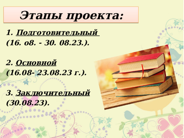 Этапы проекта: Подготовительный (16. о8. - 30. 08.23.).  2. Основной (16.08- 23.08.23 г.).  3. Заключительный (30.08.23). 