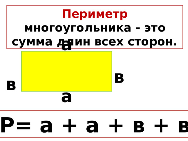 Периметр многоугольника - это сумма длин всех сторон. а в в а Р= а + а + в + в 