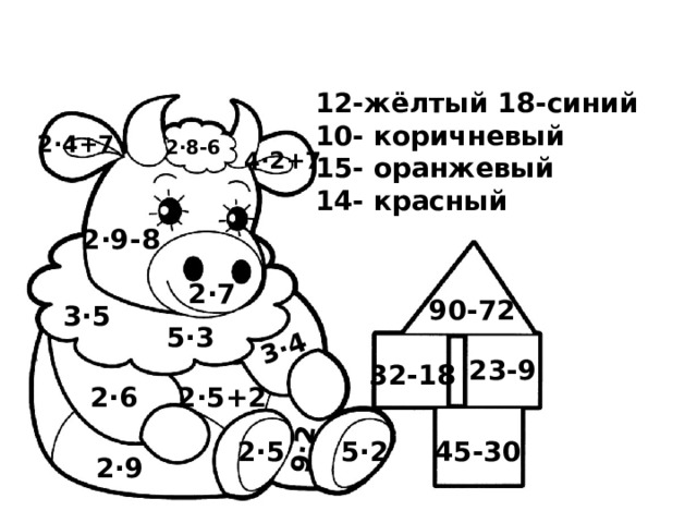 3·4 9·2 12-жёлтый 18-синий 10- коричневый 15- оранжевый 14- красный 2·4+7 2·8-6 4·2+7 2·9-8 2·7 90-72 3·5 5·3 23-9 32-18 2·5+2 2·6 5·2 2·5 45-30 2·9 