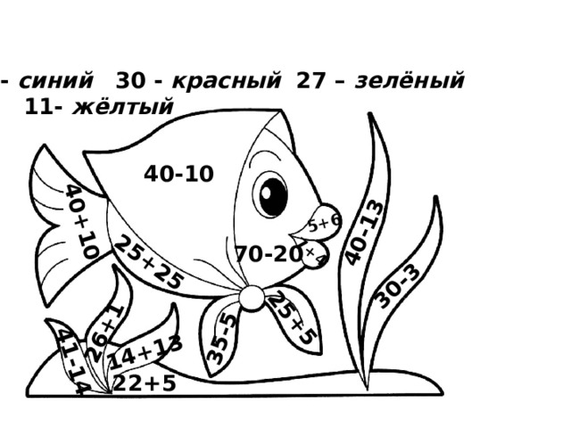 40+10 25+25 25+5 35-5 40-13 30-3 14+13 26+1 41-14 5+6 7+4 50- синий 30 - красный 27 – зелёный  11- жёлтый 40-10 70-20 22+5 