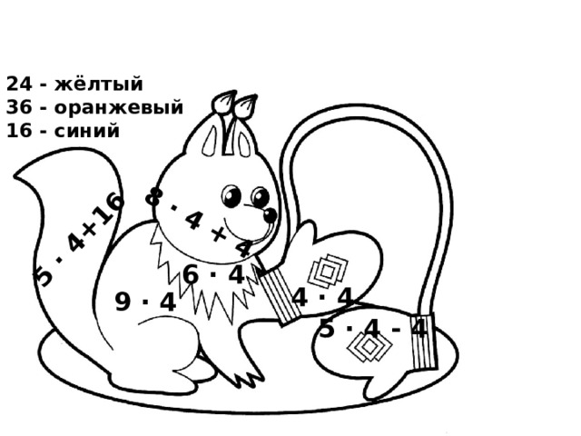 5 · 4+16 8 · 4 + 4 24 - жёлтый 36 - оранжевый 16 - синий 6 · 4 4 · 4 9 · 4 5 · 4 - 4 