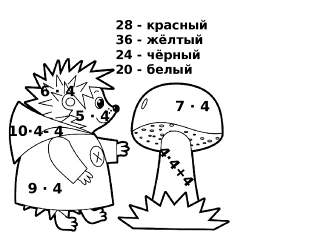 4·4+4  28 - красный  36 - жёлтый  24 - чёрный  20 - белый 6 · 4 7 · 4 5 · 4 10·4- 4 9 · 4 