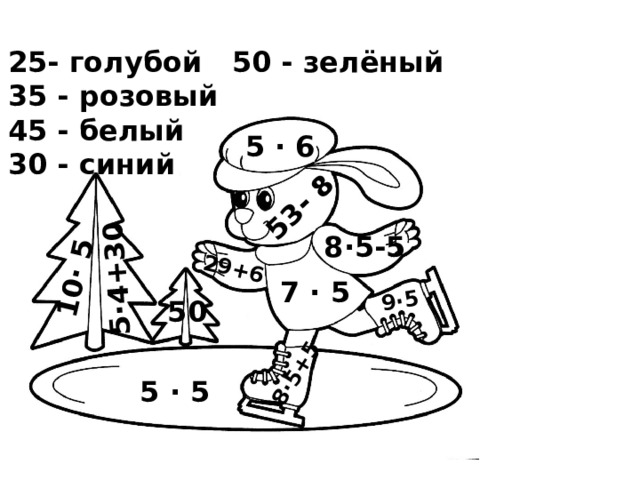 29+6 9·5 8·5+5  10· 5 5·4+30 53- 8 25- голубой 50 - зелёный 35 - розовый 45 - белый 30 - синий 5 · 6 8·5-5 7 · 5 50 5 · 5 
