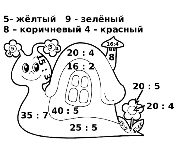 15 : 3 45:5 27:3 5- жёлтый 9 - зелёный 8 – коричневый 4 - красный 16:4 5 5 4 20 : 4 4 8 16 : 2 20 : 5 20 : 4 40 : 5 35 : 7 25 : 5 