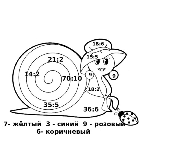 18:6 15:5 21:2 14:2 9 9 70:10 18:2 35:5 36:6 7- жёлтый 3 - синий 9 - розовый  6- коричневый 