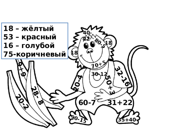 28- 8  20-2 9+9  50+3  32-16  20-4  70+5  80-5  40-22  90-15  18 – жёлтый 53 – красный 16 – голубой 75-коричневый 18  18  30-12  31+22  60-7  35+40  