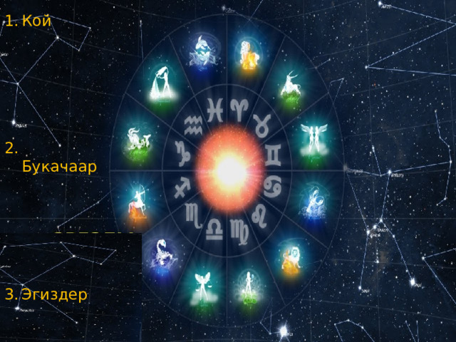 Кой  Букачаар Эгиздер Чаян Арстан Суу пери Тараза Бѳйѳн Жаачы Тоо эчки Суу куйду Балы к 