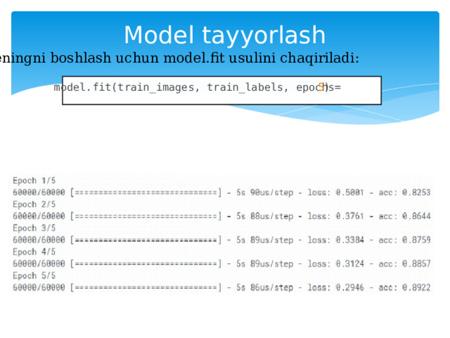 Model tayyorlash   Treningni boshlash uchun model.fit usulini chaqiriladi: model.fit(train_images, train_labels, epochs= 5 ) 