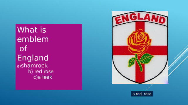 What is emblem  of England a) shamrock  b) red rose c)a leek a red rose 