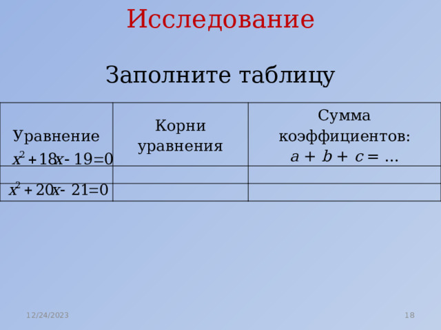 Исследование Заполните таблицу Уравнение Корни уравнения Сумма коэффициентов: a + b + c = ... 12/24/2023  