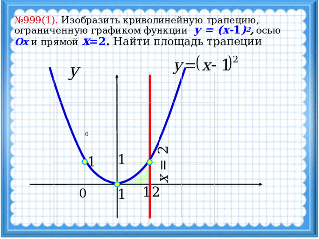 x = 2 № 999(1). Изобразить криволинейную трапецию, ограниченную графиком функции y = (x- 1 ) 2 ,  осью Ox  и прямой x =2 . Найти площадь трапеции Анимация по щелчкам –построение графика – сдвиг оси ОУ на 1 влево  