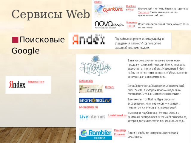 Сервисы Web 2.0 Поисковые Google 