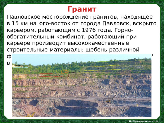 Гранит Павловское месторождение гранитов, находящее в 15 км на юго-восток от города Павловск, вскрыто карьером, работающим с 1976 года. Горно-обогатительный комбинат, работающий при карьере производит высококачественные строительные материалы: щебень различной фракции и отсев в общем количестве до 8 млн. м³ в год. 