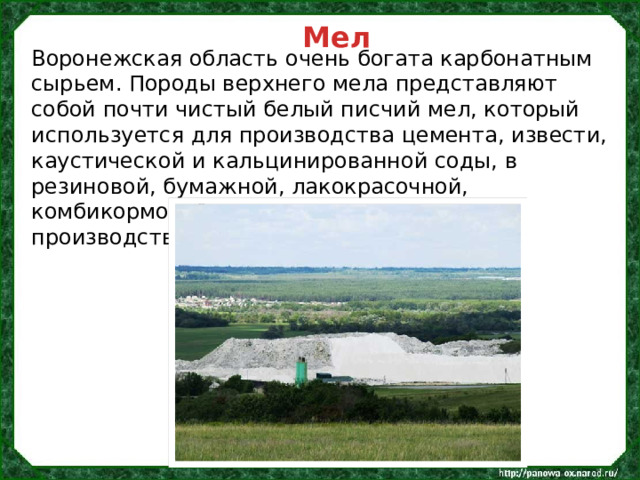 Мел Воронежская область очень богата карбонатным сырьем. Породы верхнего мела представляют собой почти чистый белый писчий мел, который используется для производства цемента, извести, каустической и кальцинированной соды, в резиновой, бумажной, лакокрасочной, комбикормовой промышленности, для производства пластмасс. 