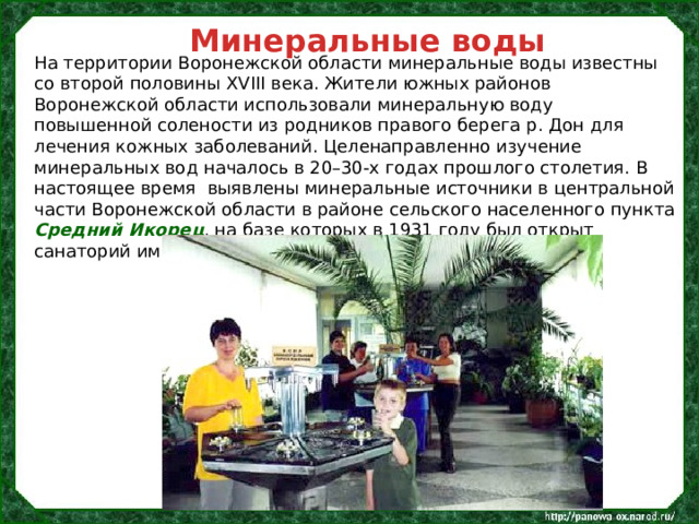 Минеральные воды На территории Воронежской области минеральные воды известны со второй половины XVIII века. Жители южных районов Воронежской области использовали минеральную воду повышенной солености из родников правого берега р. Дон для лечения кожных заболеваний. Целенаправленно изучение минеральных вод началось в 20–30-х годах прошлого столетия. В настоящее время выявлены минеральные источники в центральной части Воронежской области в районе сельского населенного пункта Средний Икорец , на базе которых в 1931 году был открыт санаторий им. Цюрупы с бальнеолечебницей.   