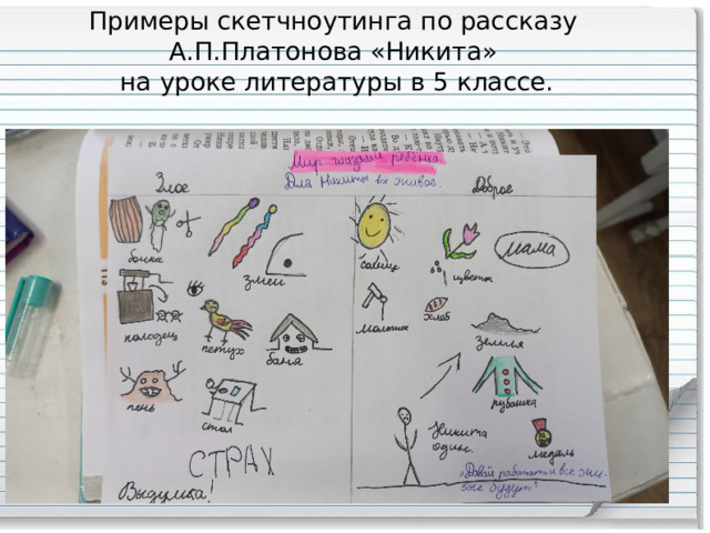 Примеры скетчноутинга по рассказу  А.П.Платонова «Никита» на уроке литературы в 5 классе. 