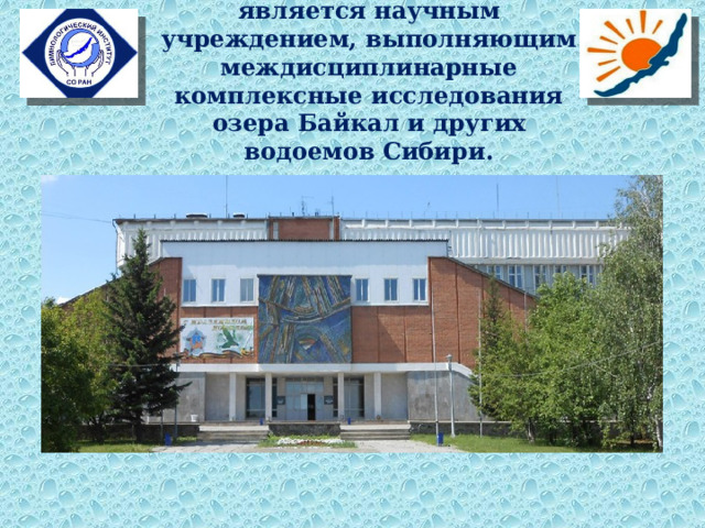 Лимнологический институт является научным учреждением, выполняющим междисциплинарные комплексные исследования озера Байкал и других водоемов Сибири. 