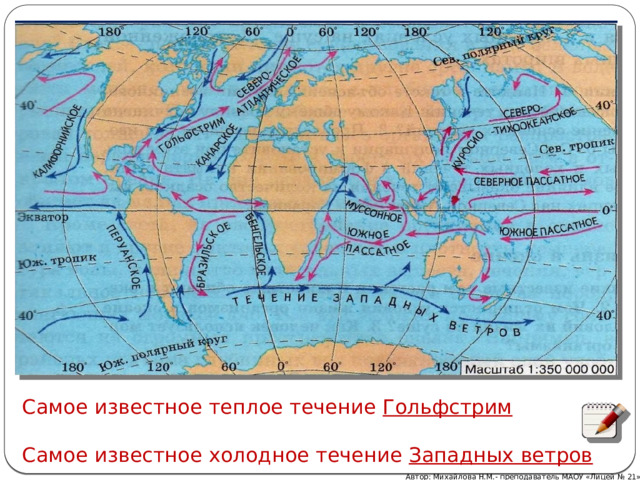 Самое известное теплое течение Гольфстрим Самое известное холодное течение Западных ветров Автор: Михайлова Н.М.- преподаватель МАОУ «Лицей № 21» 