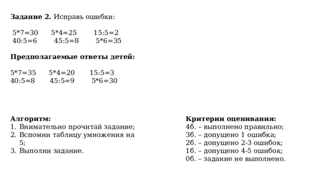 Задание 2. Исправь ошибки:  5*7=30 5*4=25 15:5=2  40:5=6 45:5=8 5*6=35 Предполагаемые ответы детей:  5*7=35 5*4=20 15:5=3 40:5=8 45:5=9 5*6=30  Алгоритм: Критерии оценивания: Внимательно прочитай задание; Вспомни таблицу умножения на 5; Выполни задание. 4б. – выполнено правильно; 3б. – допущено 1 ошибка; 2б. – допущено 2-3 ошибок; 1б. – допущено 4-5 ошибок; 0б. – задание не выполнено. 