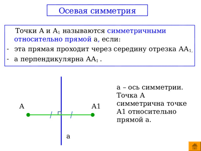  Осевая симметрия    Точки А и А 1 называются симметричными относительно прямой а , если: эта прямая проходит через середину отрезка АА 1, а перпендикулярна АА 1 . a – ось симметрии. Точка А симметрична точке А1 относительно прямой а. А А1 а 