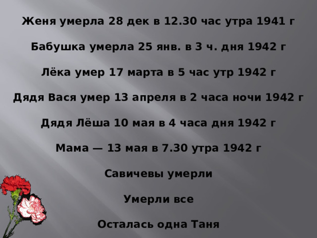  Женя умерла 28 дек в 12.30 час утра 1941 г  Бабушка умерла 25 янв. в 3 ч. дня 1942 г  Лёка умер 17 марта в 5 час  утр 1942 г  Дядя Вася умер 13 апреля в 2 часа ночи 1942 г  Дядя Лёша 10 мая в 4 часа дня 1942 г  Мама — 13 мая в 7.30 утра 1942 г  Савичевы умерли  Умерли все  Осталась одна Таня  
