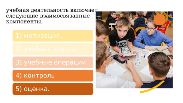 учебная деятельность включает следующие взаимосвязанные компоненты.  1) мотивация. 2) учебная задача. 3) учебные операции. 4) контроль 5) оценка. 