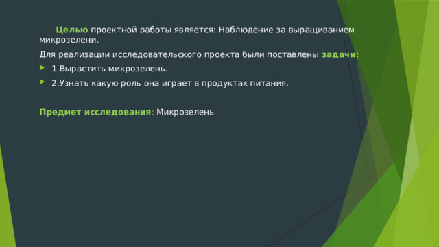  Целью   проектной работы является: Наблюдение за выращиванием микрозелени. Для реализации исследовательского проекта были поставлены задачи: 1.Вырастить микрозелень. 2.Узнать какую роль она играет в продуктах питания. Предмет исследования :  Микрозелень 