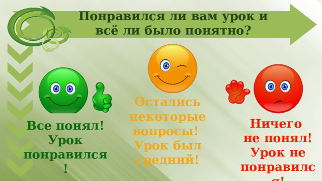 Понравился ли вам урок и всё ли было понятно? Остались некоторые вопросы! Урок был средний! Ничего не понял! Урок не понравился! Все понял! Урок понравился! 