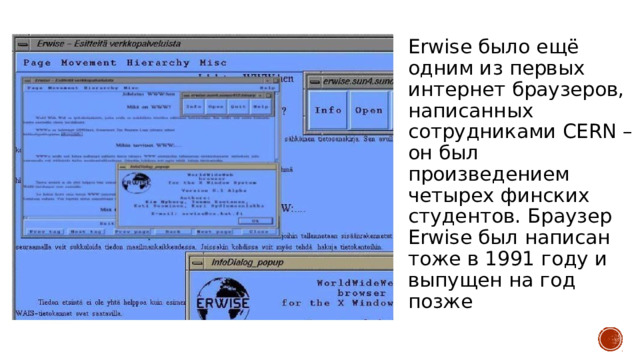 Erwise было ещё одним из первых интернет браузеров, написанных сотрудниками CERN – он был произведением четырех финских студентов. Браузер Erwise был написан тоже в 1991 году и выпущен на год позже   