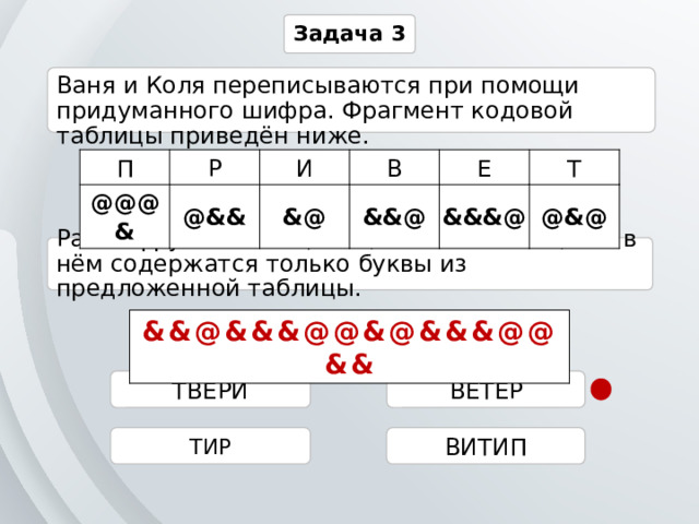 Задача 3 Ваня и Коля переписываются при помощи придуманного шифра. Фрагмент кодовой таблицы приведён ниже. П Р @@@& @&& И &@ В &&@ Е &&&@ Т @&@ Расшифруйте сообщение, если известно, что в нём содержатся только буквы из предложенной таблицы. &&@&&&@@&@&&&@@&& ТВЕРИ ВЕТЕР ВИТИП ТИР 